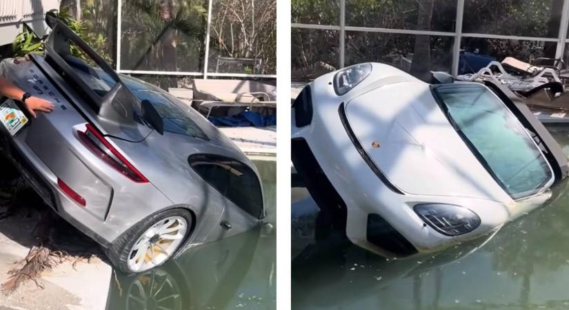 A Milton hurrikán miatt egy medencében kötött ki két Porsche