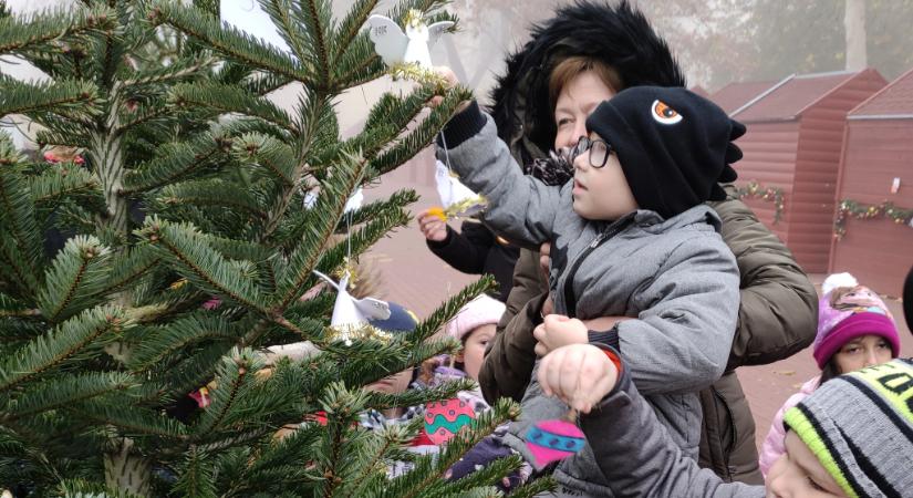 Óvodások dísztettek fenyőket a Kossuth téren