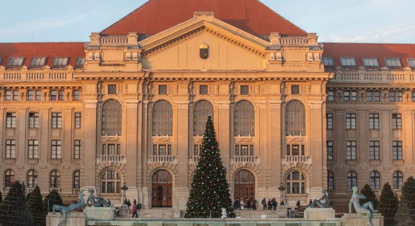 Hatalmas karácsonyfa díszeleg a Debreceni Egyetem főépülete előtt – fotókkal, videóval