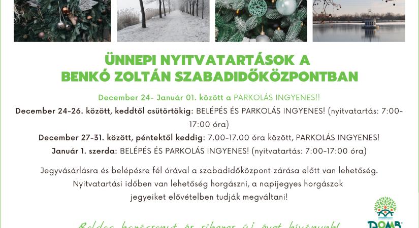 Ünnepi nyitvatartás és ingyenes parkolás a Benkó Zoltán Szabadidőközpontban