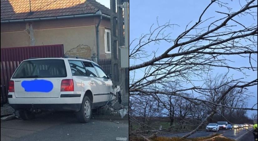 Szél okozta károk és kerítés és villanyoszlop közé ékelődött autó!