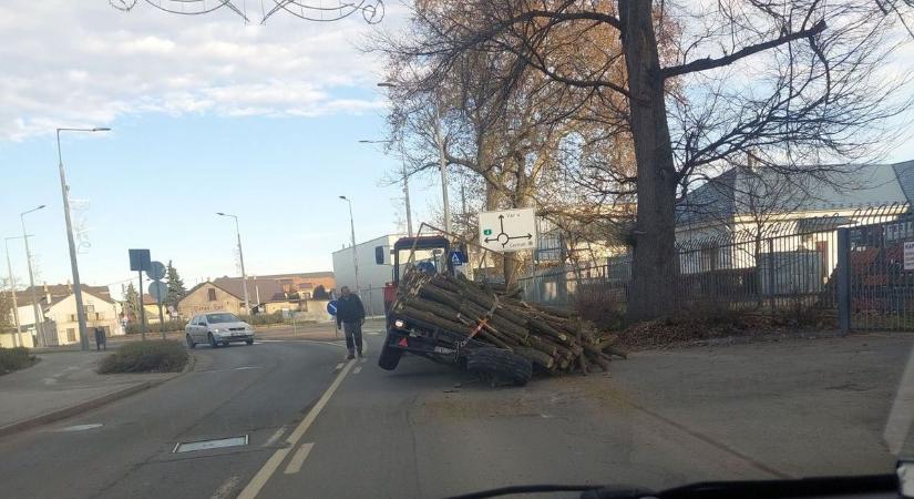 Útra dőlt farakás akadályozza a forgalmat