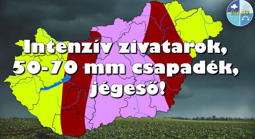 Délután intenzív zivatarok, 30-70mm eső, jég!