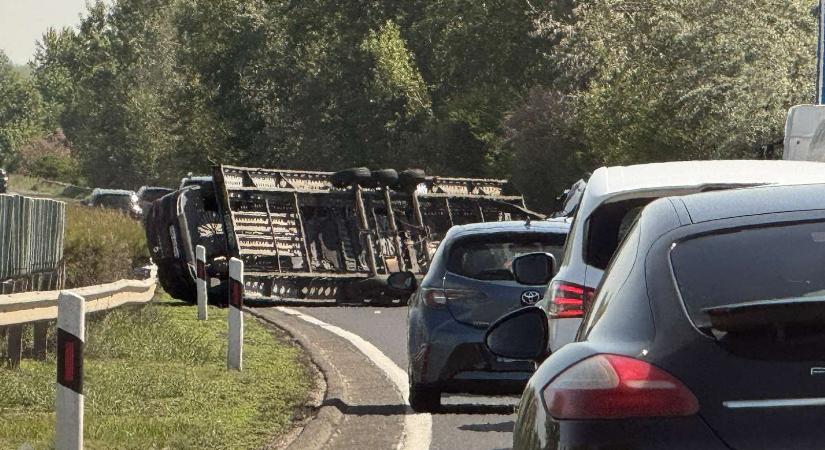 Autószállító borult fel Győrnél, az M1-esen