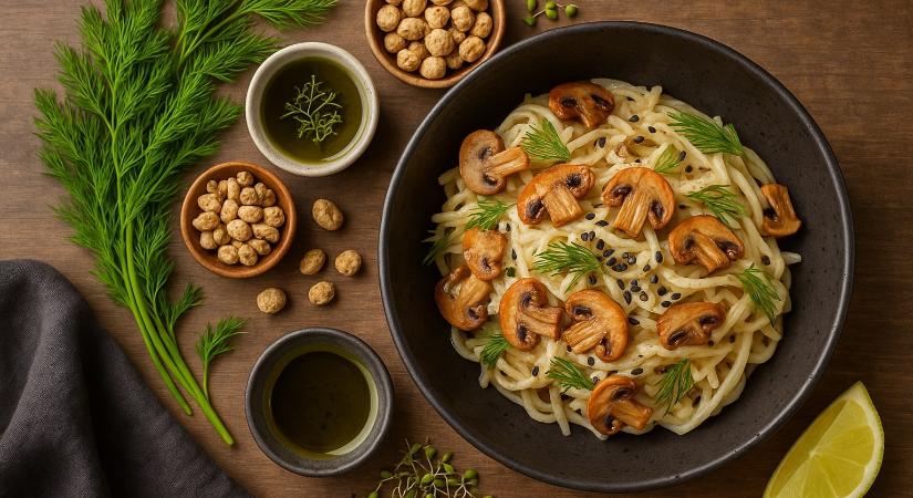 Krémes fehérboros-mustáros, kapros-gombás spagetti