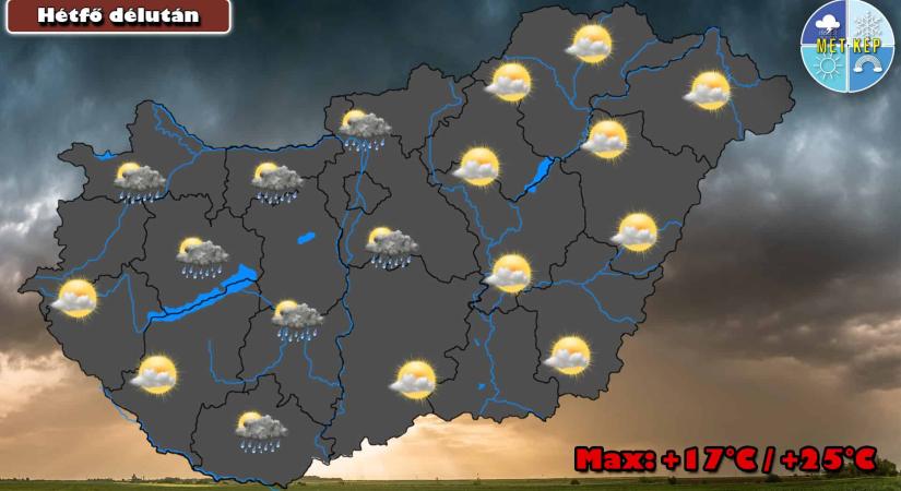 Hétfőn záporokra, esetleg zivatarokra is számítani kell