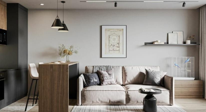 Modern kis alapterületű agglegénylakás elegáns és férfias designnal 36 m2-en