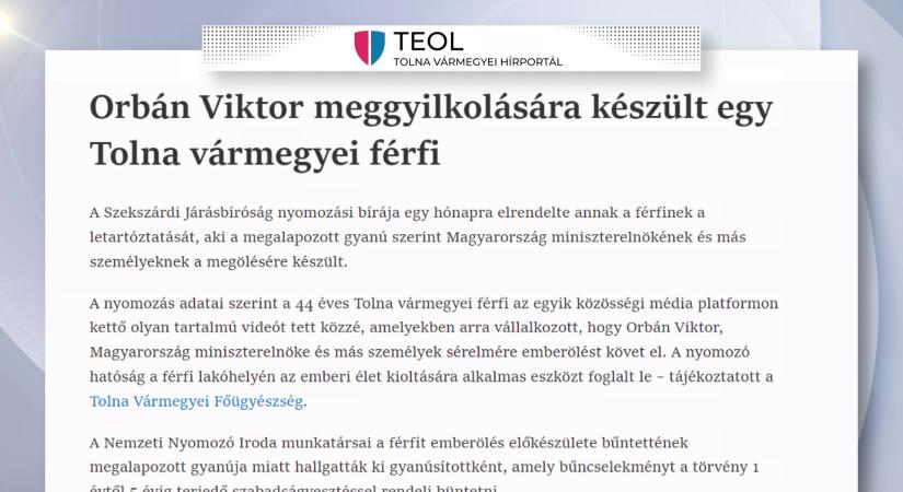 Orbán Viktor meggyilkolására készült egy Tolna vármegyei férfi  videó