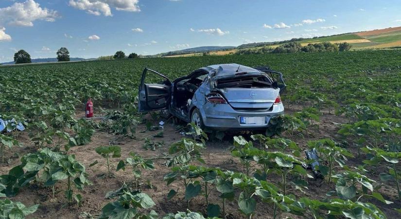 Részletek a bakonyi napraforgótáblában felborult autó súlyos balesetéről, a sérültekről ( helyszíni fotók)