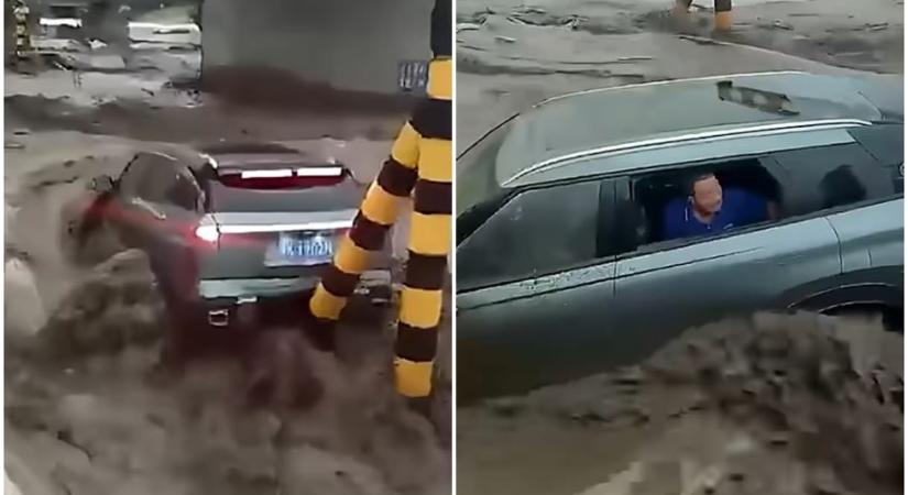 Perceken múlt két autós élete, akik árvízcsapdába kerültek egy hídnál – videó
