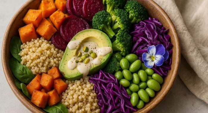 Szivárvány Buddha Bowl tahini‑joghurt szósszal