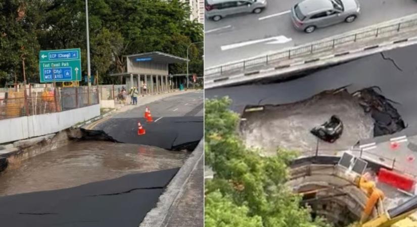 Eltűnt az út alóla: hatalmas víznyelőbe esett egy nő a kocsijával Szingapúrban – videó