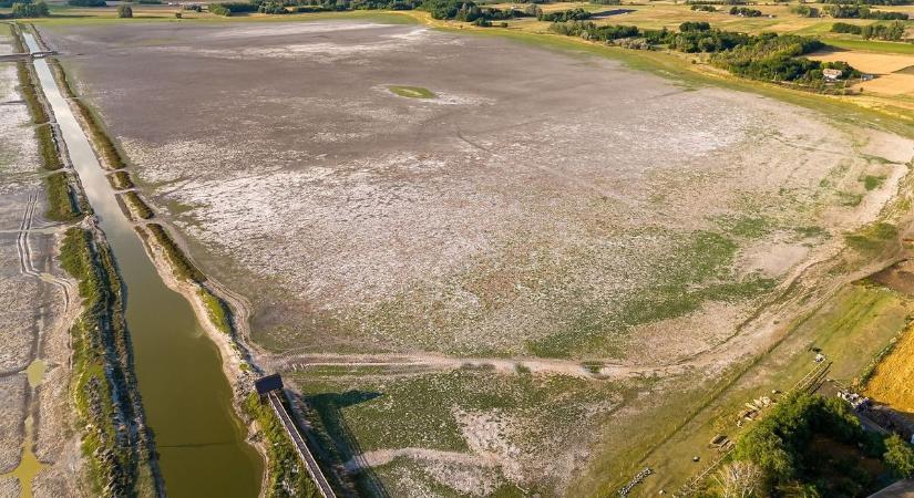 Drónfelvétel a kiszáradt mórahalmi Nagyszéksós-tóról, ahol korábban vízimadarak és bivalyok éltek – ma már csak a por maradt