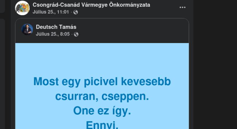Deutsch Tamás egybites posztját a csongrád-csanádi önkormányzat is megosztotta