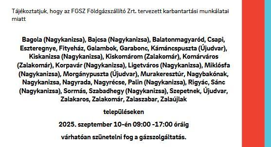Nyolc órás gázszünet lesz szeptember 10-én Nagykanizsán és környékén