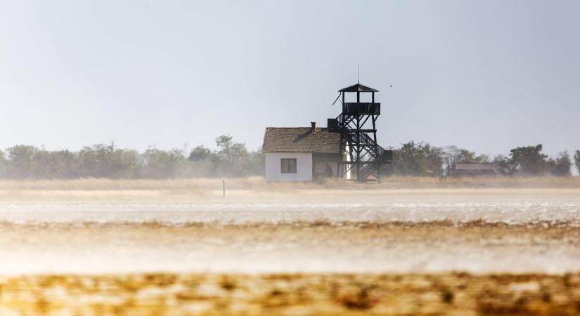 Szeles napokon fehér porfelhőként távozik a sziksó a Fehér-tó medréből