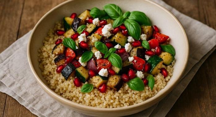 Mediterrán quinoa bowl sült zöldségekkel és fetával