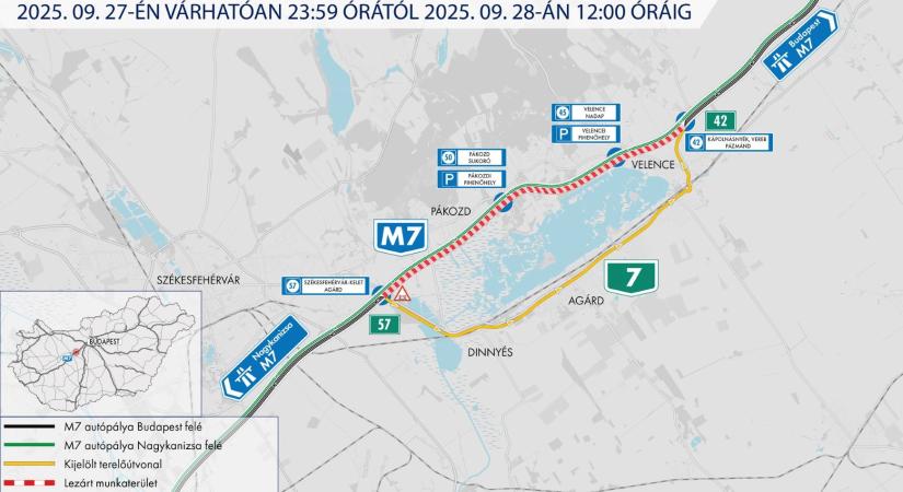 Útlezárás lesz a hétvégén az M7-es főváros felé tartó oldalán, a Velencei-tó térségében