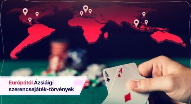 A világ szerencsejáték-törvényeit bemutató térkép helyjelölőkkel és egy kaszinóasztalnál kártyát tartó kézzel.