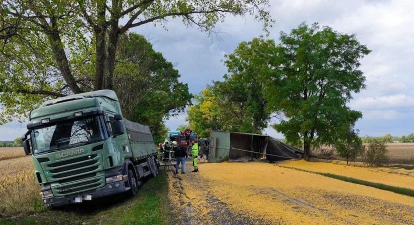 Helyszíni fotókon az óriási baleset a 81-es főúton: árokban a vontató, szétszóródott a rakomány