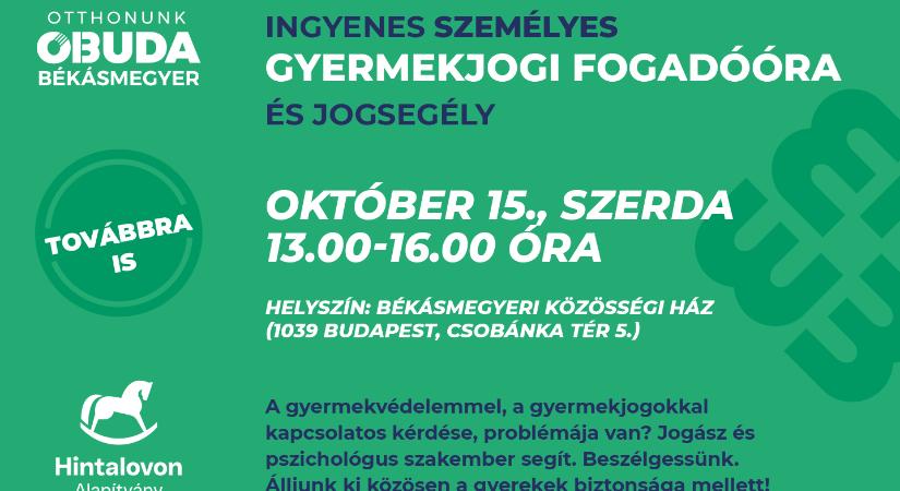 Október 15-én újra ingyenes gyermekjogi tanácsadás és jogsegély Békásmegyeren