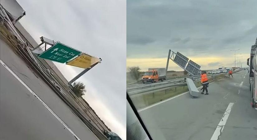 Leállt a forgalom az autópályán, teherautó döntött ki egy jelzőtáblát