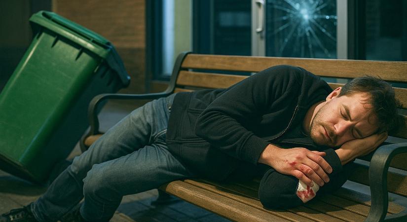 Megvágta a kezét, amikor egy kukával betörte a boltajtó üvegét, úgyhogy bánatában lefeküdt egy padra aludni
