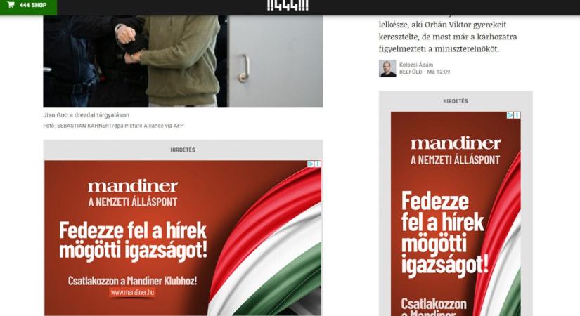 Közleményt tett közzé a 444, miután fideszes és Mandiner-hirdetések jelentek meg az oldalán
