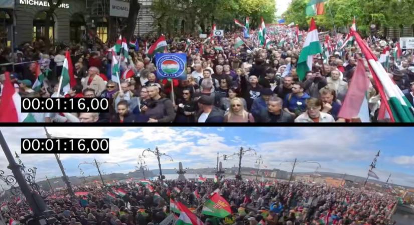 Menetösszehasonlító videón látszik, hogy a tiszás menet majdnem kétszer annyi ideig vonult a kihelyezett kamera előtt, mint a Békemenet