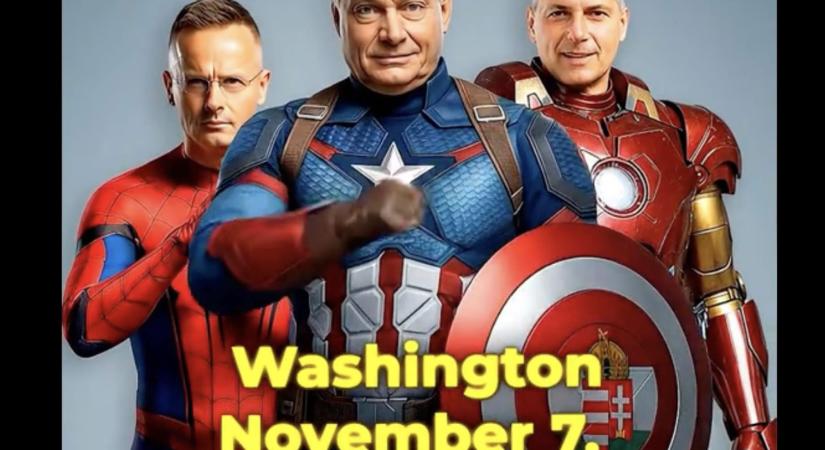 Orbán kapitány Lázár Vasember Jánossal és Szijjártó Pókember Péterrel ugrándozik