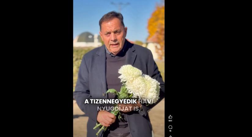 Pócs János gyerekkel, hegedűszóval, egy temetőben reklámozza a 14. havi nyugdíjat