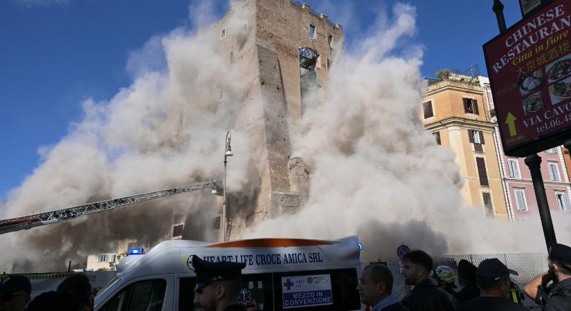 Részben összeomlott egy középkori torony Rómában, egy munkás a romok között rekedt