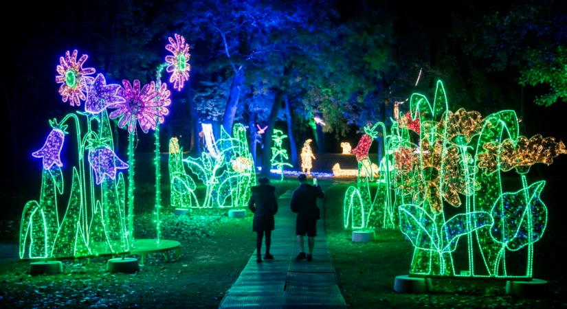 Fényinstallációk a Lumina Parkban a fővárosi Palatinus fürdő területén