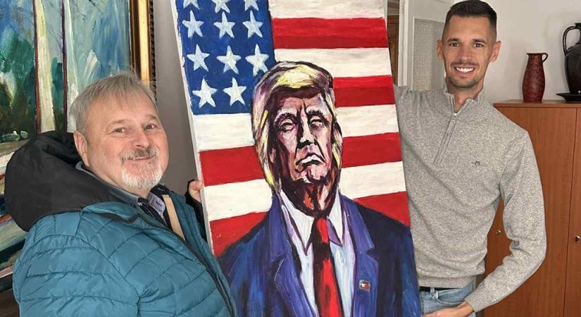 A bozsoki polgármester megfestette, Gagyi Levente átvette Trump portréját