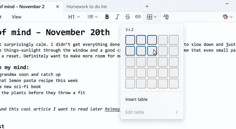 Már táblázatokat is tud kezelni a Windows 11 Jegyzettömb legújabb kiadása