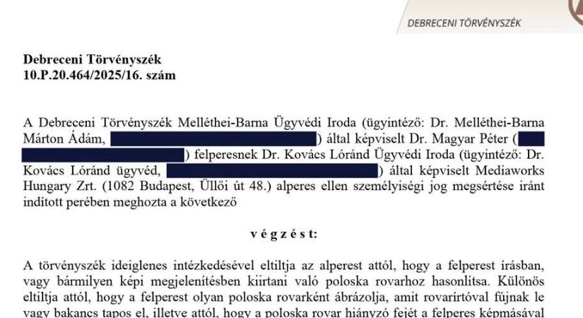 A bíróság megtiltotta a Mediaworksnek, hogy „kiirtandó poloskaként” ábrázolja Magyar Pétert