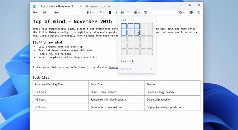 A Windows 11 Jegyzettmbje tblzatokat s AI-funkcikat kap