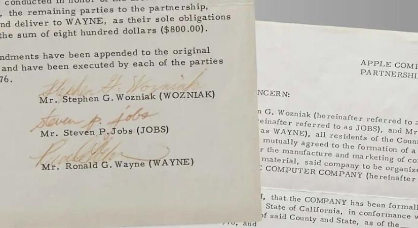 Elárverezik az Apple alapító okiratát, több milliárdot is fizethet érte valaki