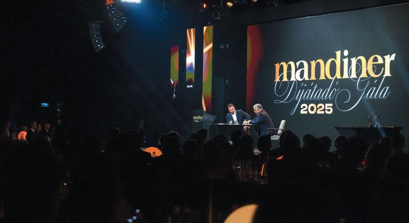 Premier plán: Orbán Viktor miniszterelnök és Kapu Tibor kutatóűrhajós a Mandiner díjátadó gáláján