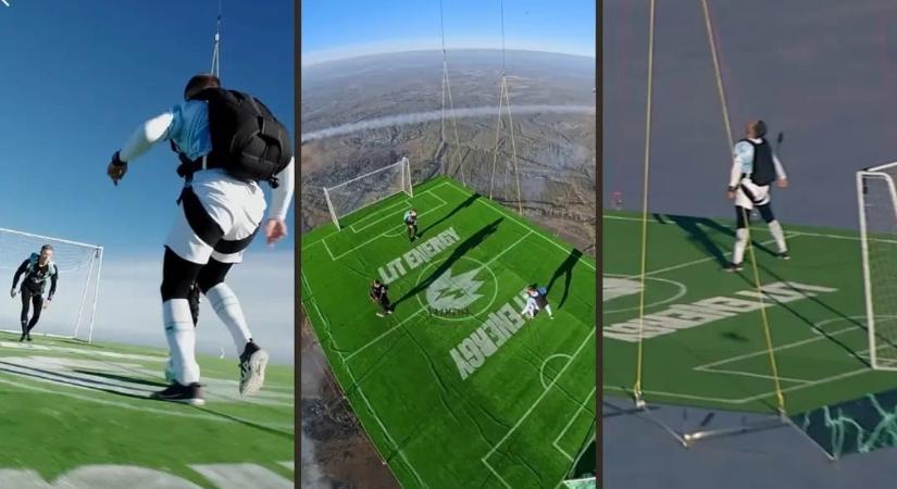 Vírusként terjed róla a videó: 1800 méter magasan, egy hőlégballonról lógva fociztak