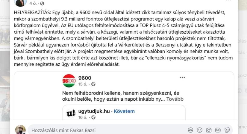 Helyreigazításnak tűnő Facebook-poszt sörpört végig a sárvári fideszes városvezetésen