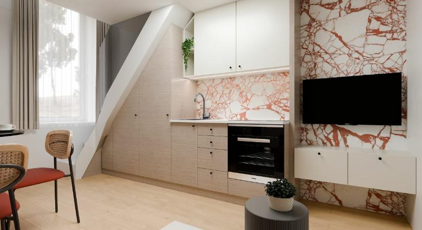Trendi színekkel és modern bútorokkal berendezett 25 m2-es galériás minigarzon a Szondi utcában
