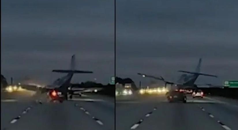 Lélegzetelállító felvételen, ahogy egy repülőgép az autópályára zuhan (VIDEÓ)