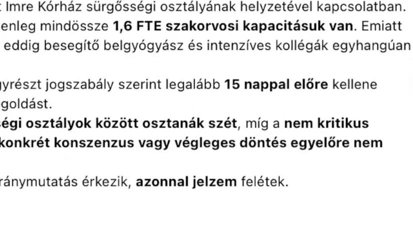 Egy kiszivárgott levél szerint csak 1,6 szakorvos van a Szent Imre ügyeletén, a kórház részben cáfolt
