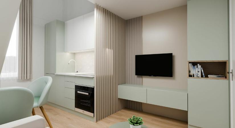 Belvárosi búvóhely - 29 m2-es minigarzon halványzöld bútorokkal és praktikus lakberendezéssel