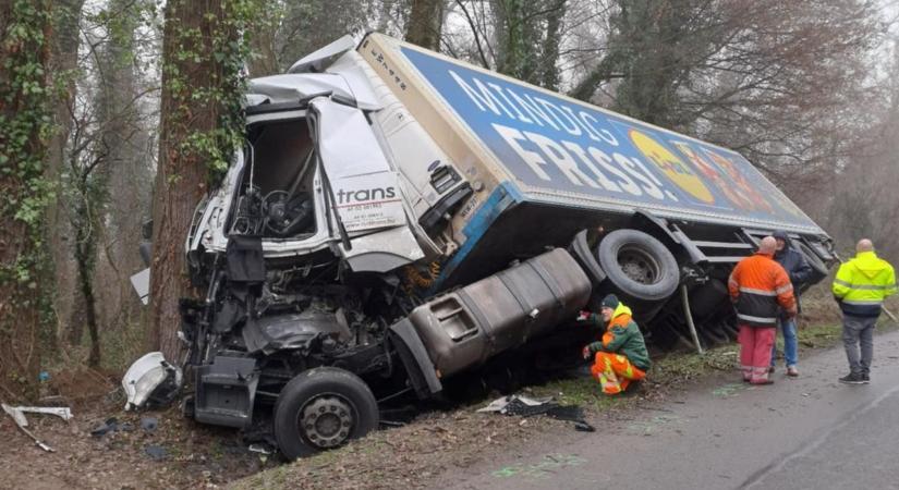 Fának csapódott egy kamion – teljes útzár a 65-ös úton (helyszíni fotóval)
