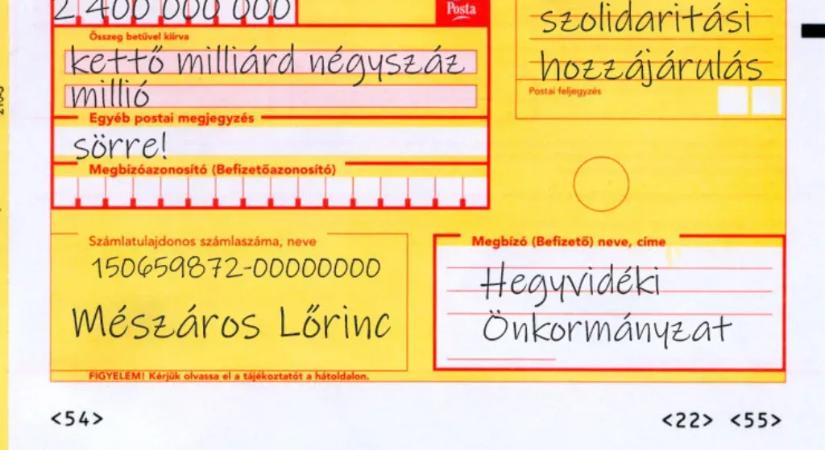Kovács Gergely egy csekkel egyenesen Mészáros Lőrincnek küldené a XII. kerület szolidaritási adóját