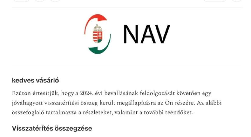 Megmutatta a NAV, hogy néz ki egy 140 ezres adó-visszatérítést ígérő csalárd e-mail vagy SMS