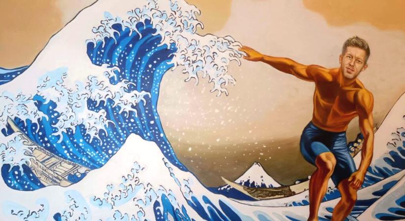 Magyar Péter az áradó Tiszán szörfözve aurafarmingol drMáriás festményén