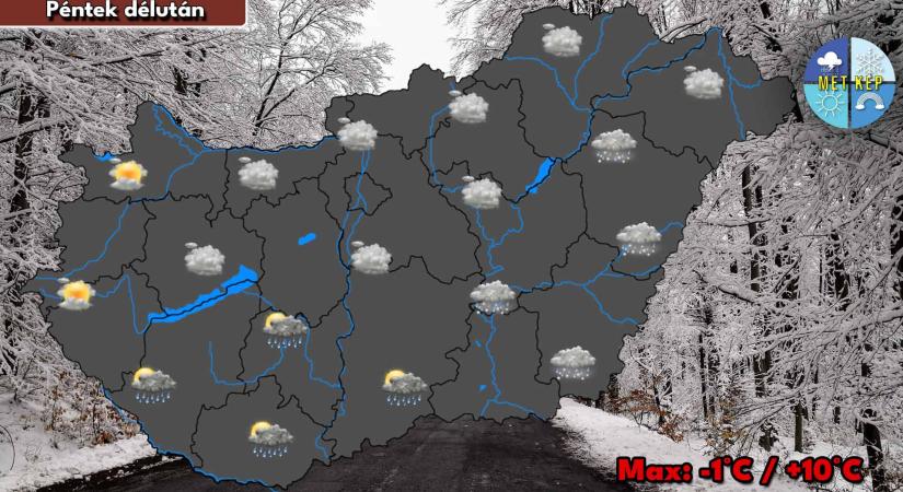 Délnyugaton akár 10 fok is lehet, délkeleten vegyes halmazállapotú csapadék hullhat